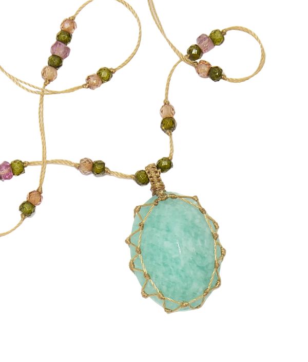 Collier Court Tibétain - Amazonite Bleue - Mix Tourmaline - Fil Beige