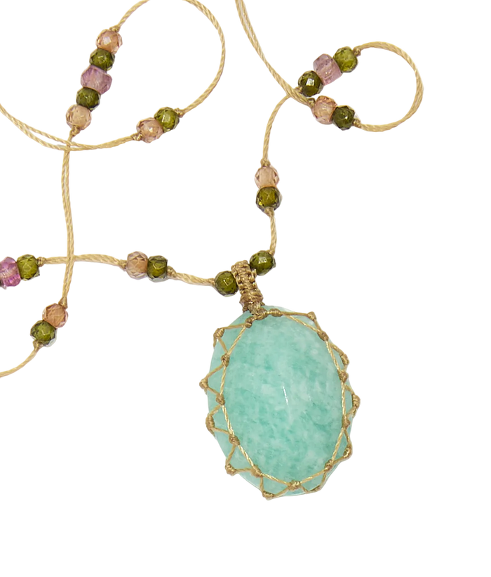 Collier Court Tibétain - Amazonite Bleue - Mix Tourmaline - Fil Beige
