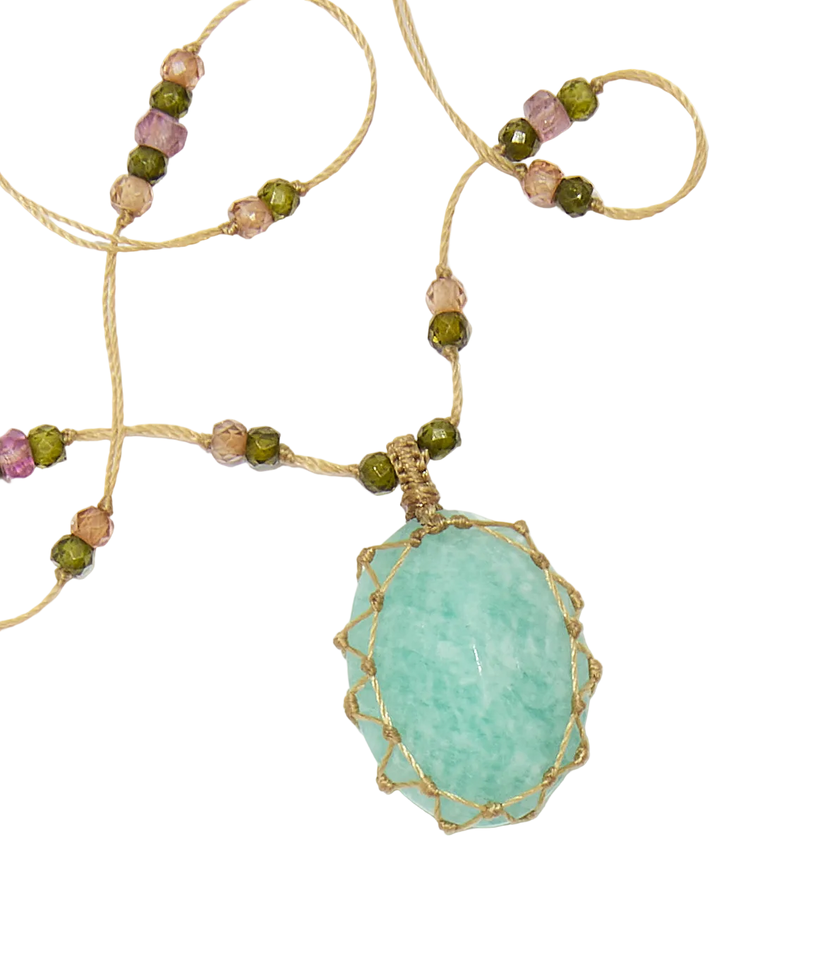 Collier Court Tibétain - Amazonite Bleue - Mix Tourmaline - Fil Beige