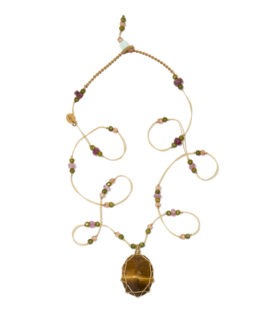 Collier court tibétain - Oeil de Tigre - Mix Tourmaline Rose - Fil Beige