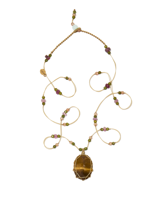 Collier court tibétain - Oeil de Tigre - Mix Tourmaline Rose - Fil Beige