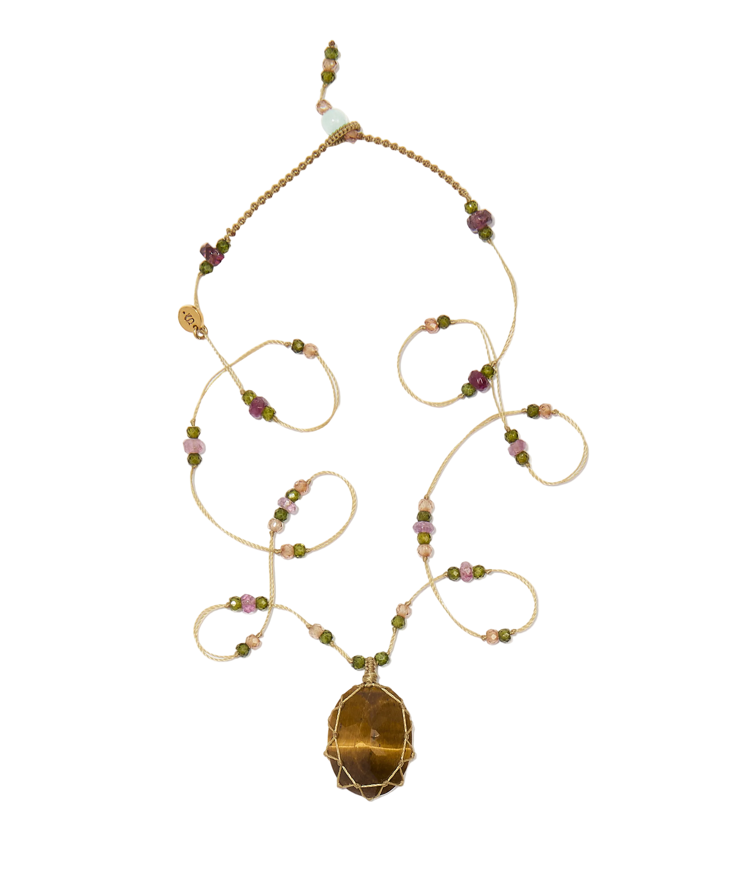 Collier court tibétain - Oeil de Tigre - Mix Tourmaline Rose - Fil Beige