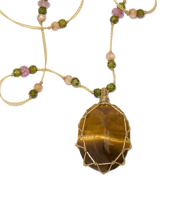 Collier court tibétain - Oeil de Tigre - Mix Tourmaline Rose - Fil Beige