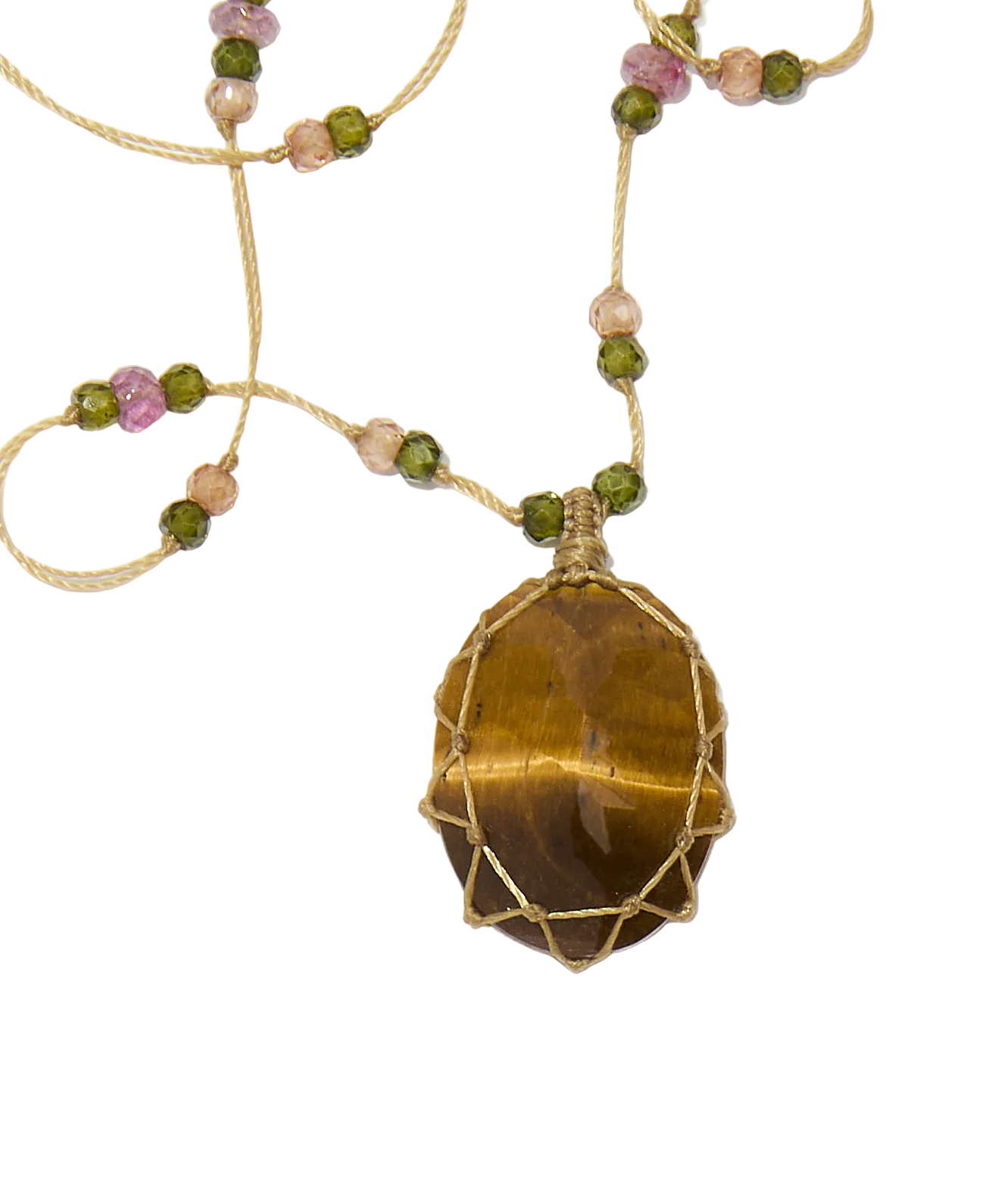 Collier court tibétain - Oeil de Tigre - Mix Tourmaline Rose - Fil Beige
