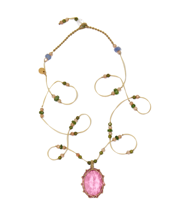Collier court tibétain - Dublet Rubellite - Mix Tsavorite - Fil Beige