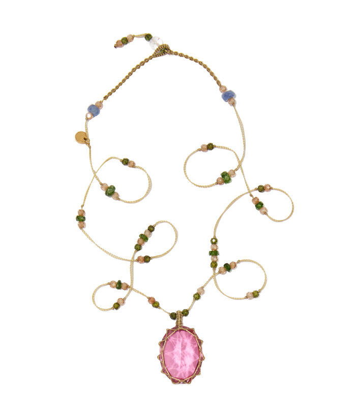 Collier court tibétain - Dublet Rubellite - Mix Tsavorite - Fil Beige