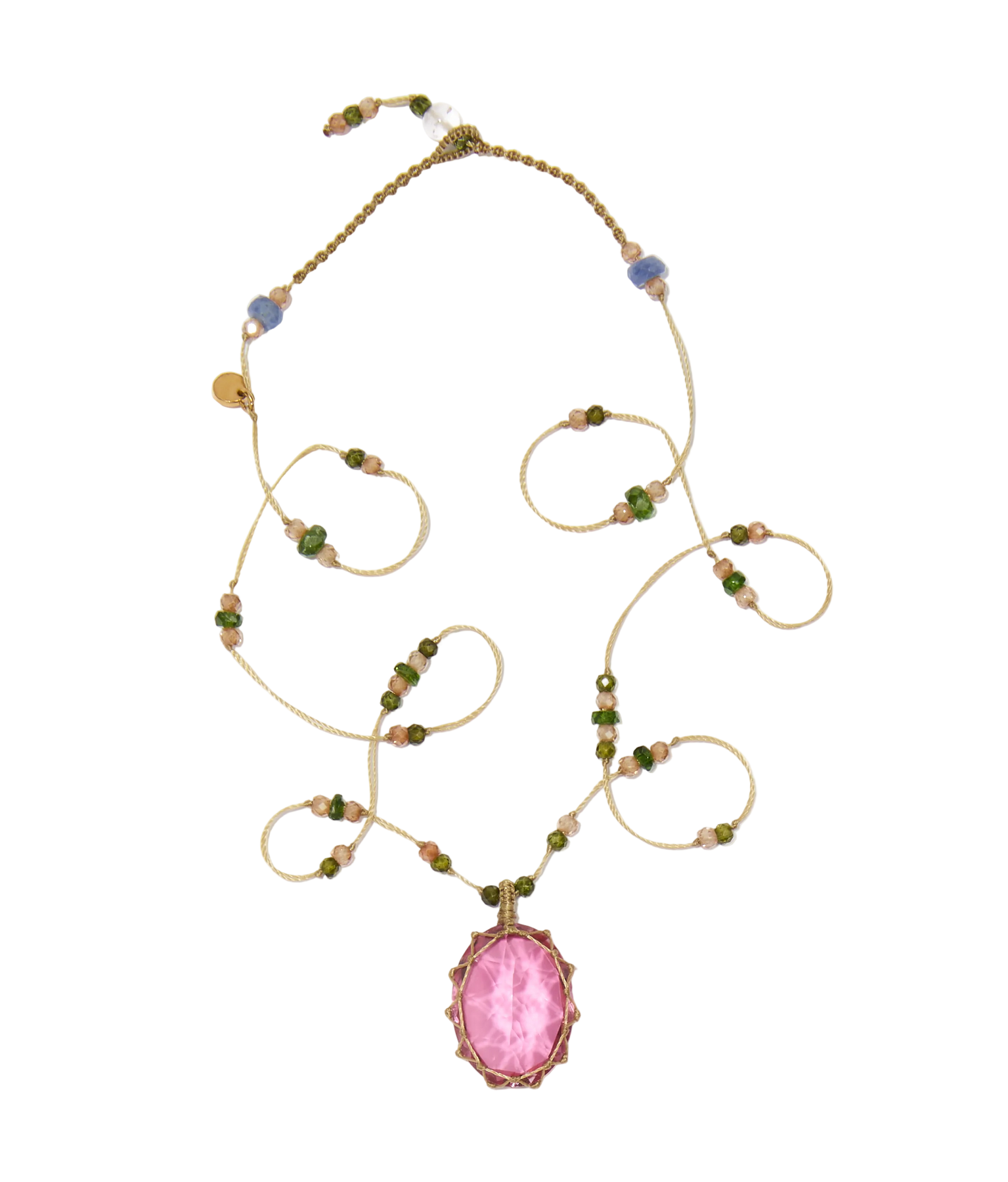 Collier court tibétain - Dublet Rubellite - Mix Tsavorite - Fil Beige