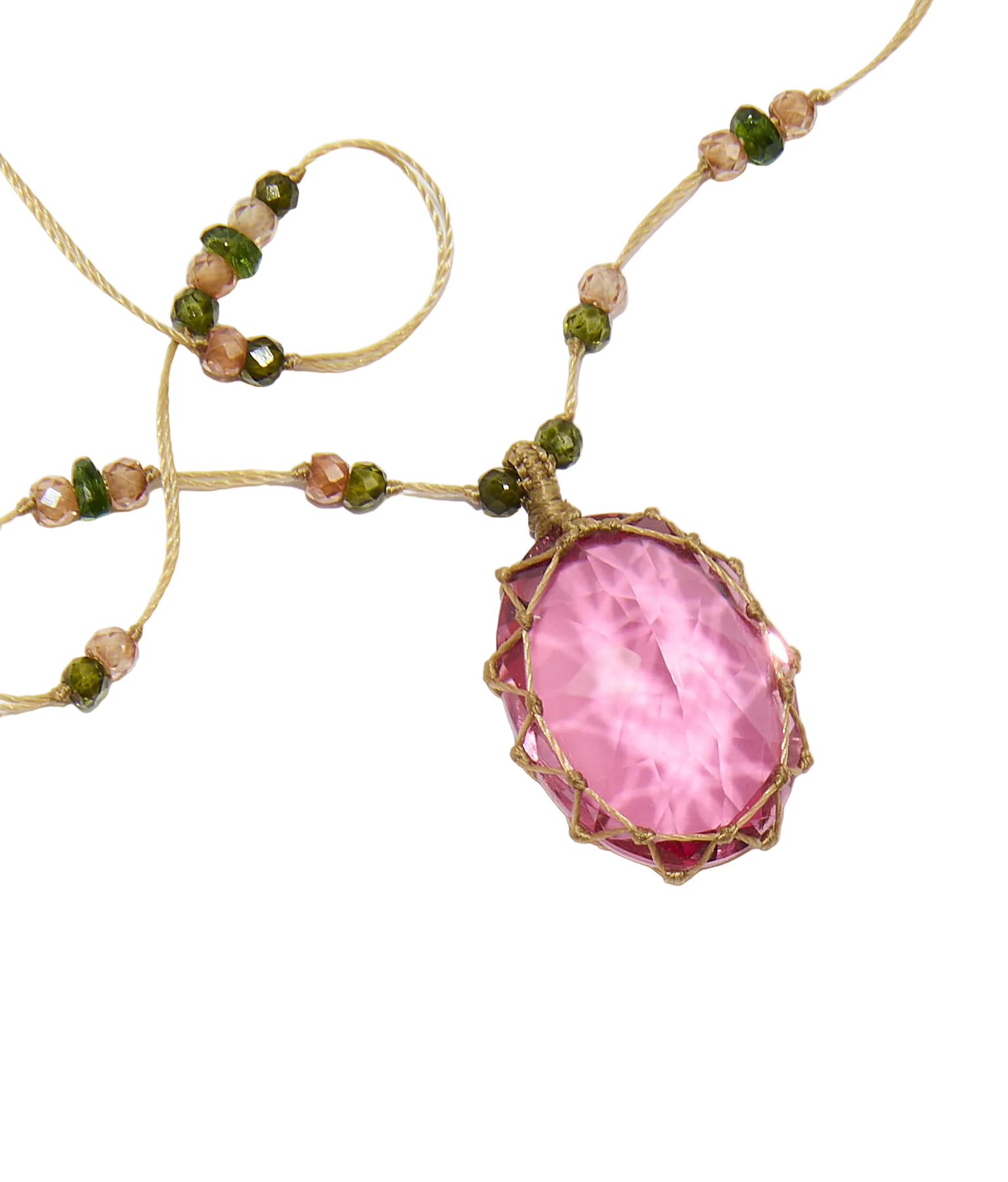 Collier court tibétain - Dublet Rubellite - Mix Tsavorite - Fil Beige