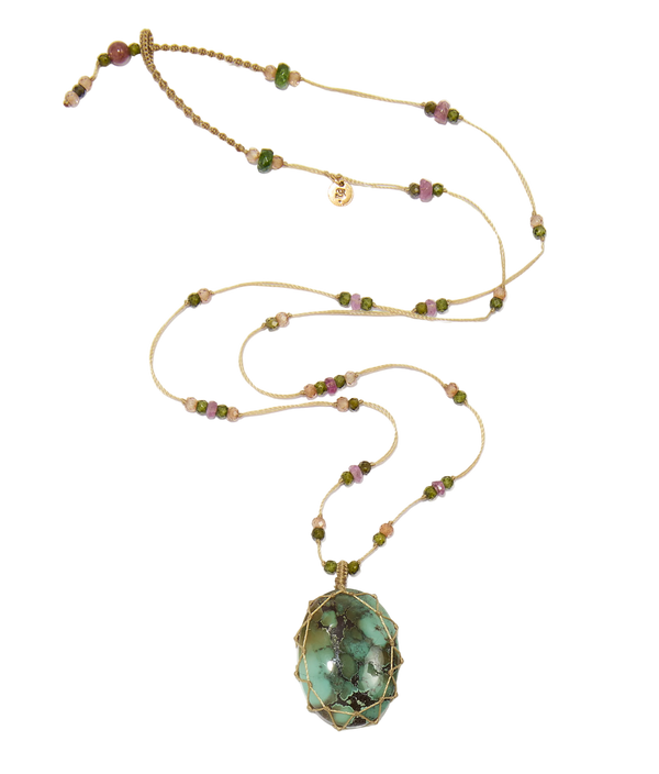 Collier court tibétain - Turquoise - Mix Tourmaline Rose - Fil Beige