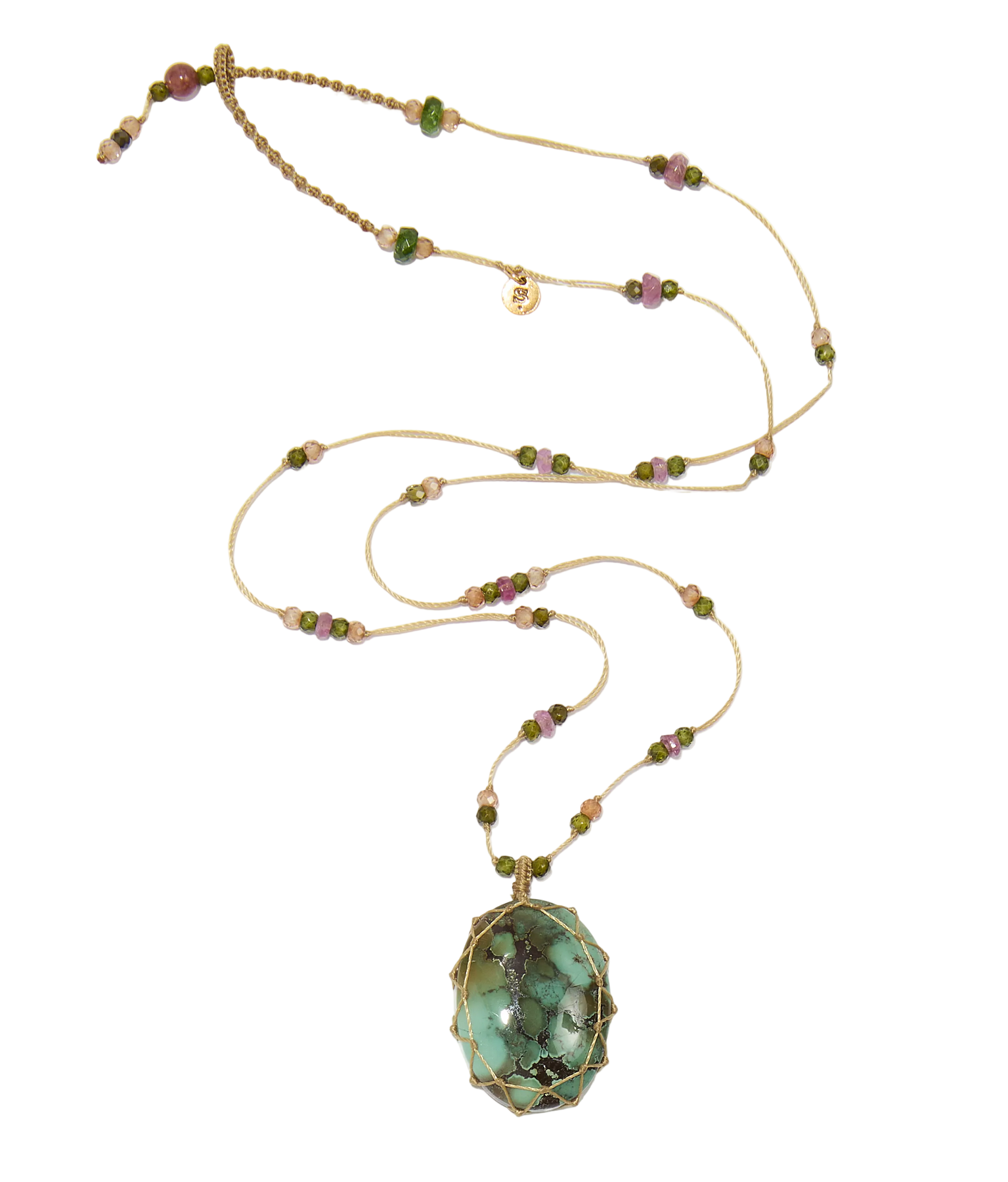 Collier court tibétain - Turquoise - Mix Tourmaline Rose - Fil Beige