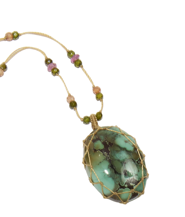 Collier court tibétain - Turquoise - Mix Tourmaline Rose - Fil Beige