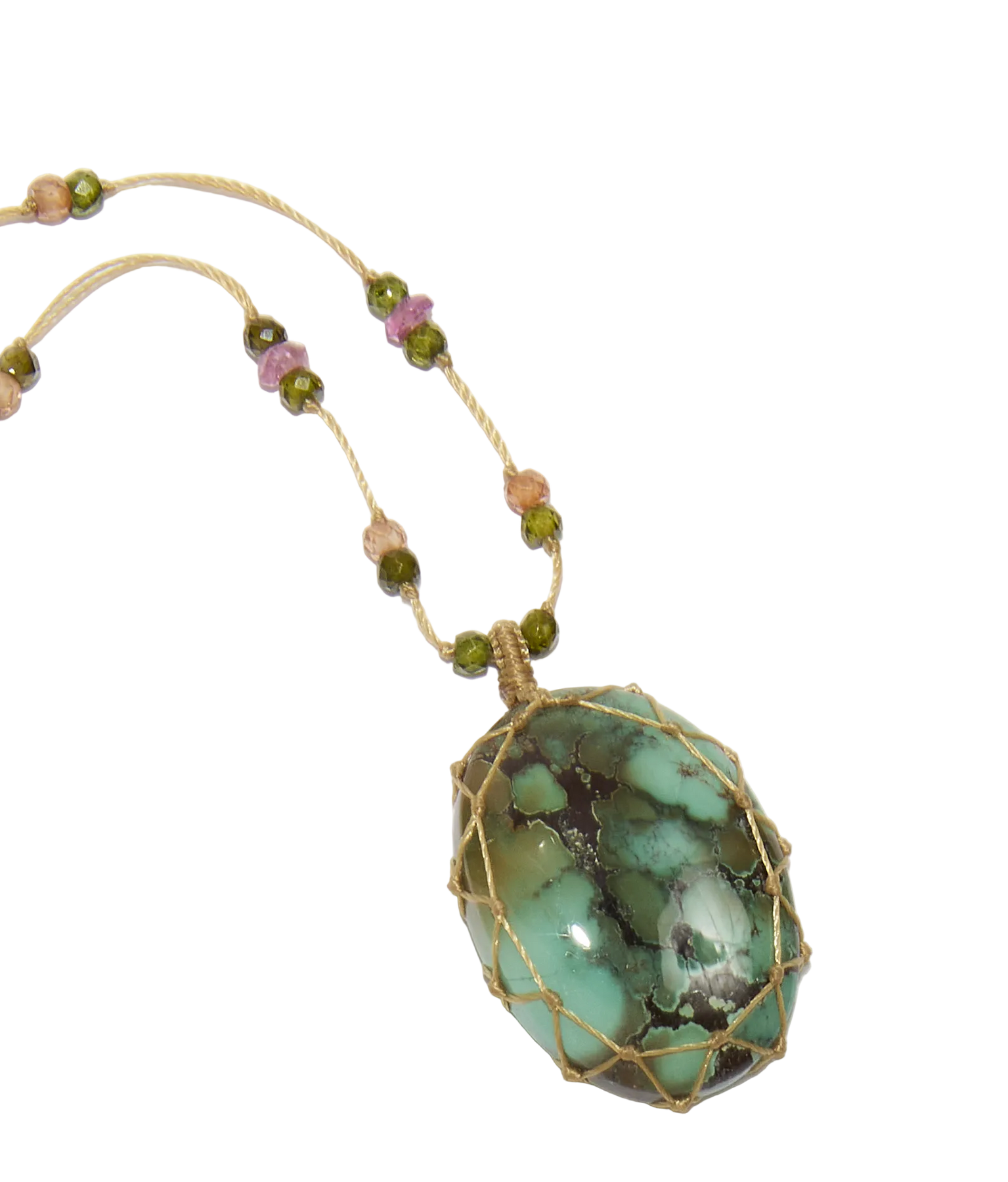 Collier court tibétain - Turquoise - Mix Tourmaline Rose - Fil Beige