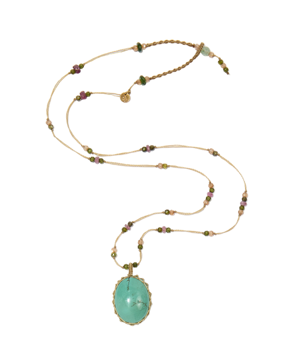 Collier court tibétain - Turquoise - Mix Tourmaline Rose - Fil Beige