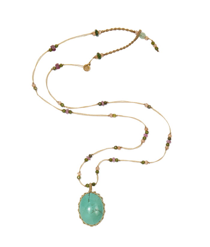 Collier court tibétain - Turquoise - Mix Tourmaline Rose - Fil Beige