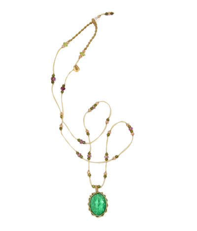 Collier court tibétain - Dublet Emeraude - Mix Tourmaline Rose - Fil Beige