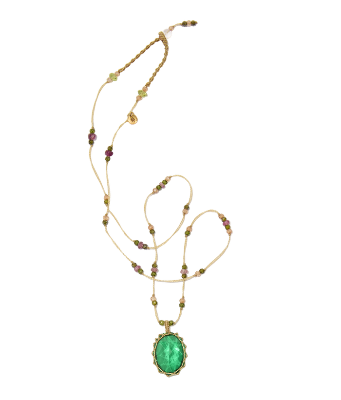 Collier court tibétain - Dublet Emeraude - Mix Tourmaline Rose - Fil Beige
