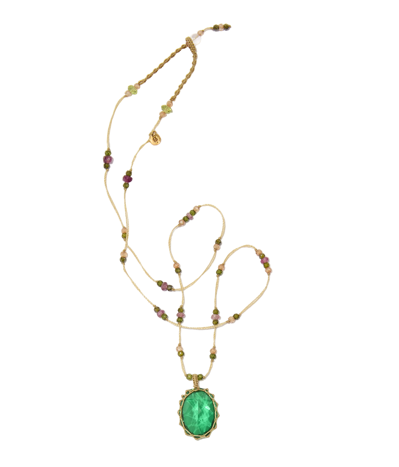 Collier court tibétain - Dublet Emeraude - Mix Tourmaline Rose - Fil Beige