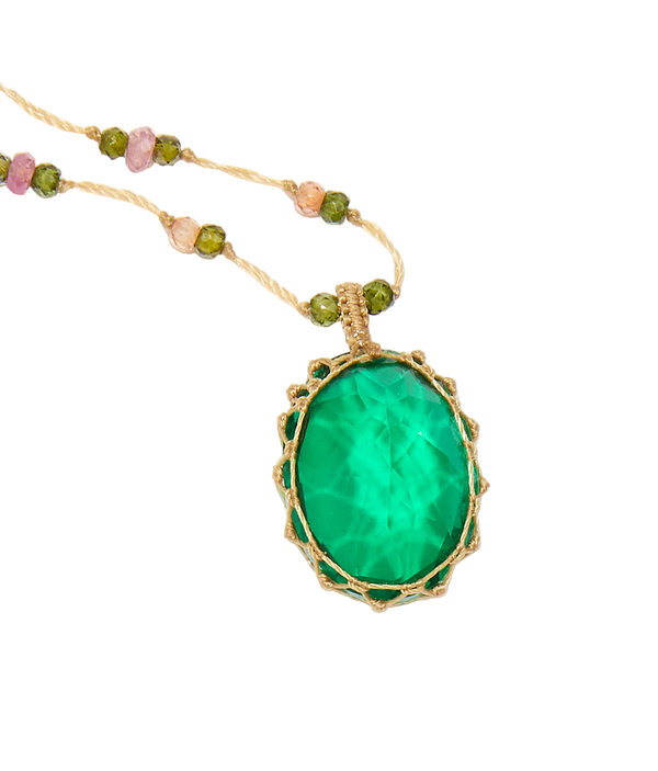 Collier court tibétain - Dublet Emeraude - Mix Tourmaline Rose - Fil Beige