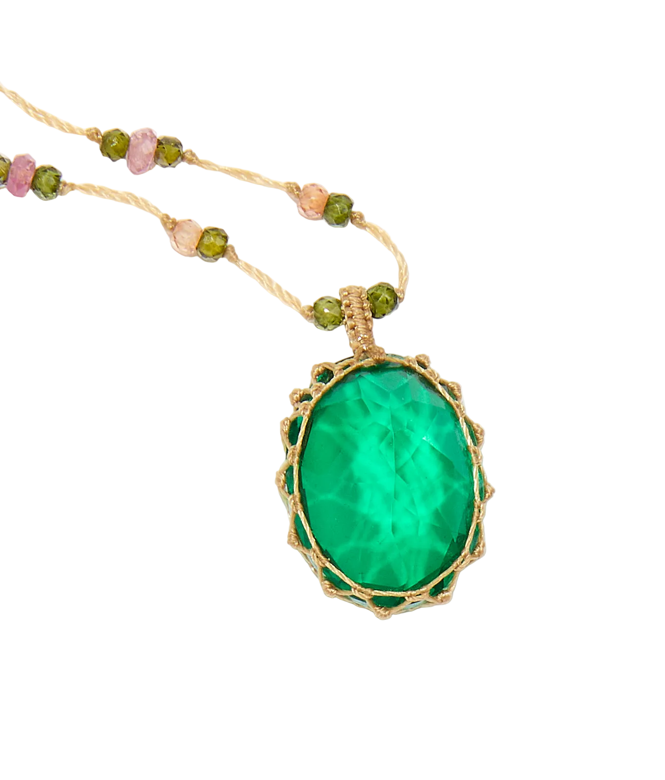 Collier court tibétain - Dublet Emeraude - Mix Tourmaline Rose - Fil Beige