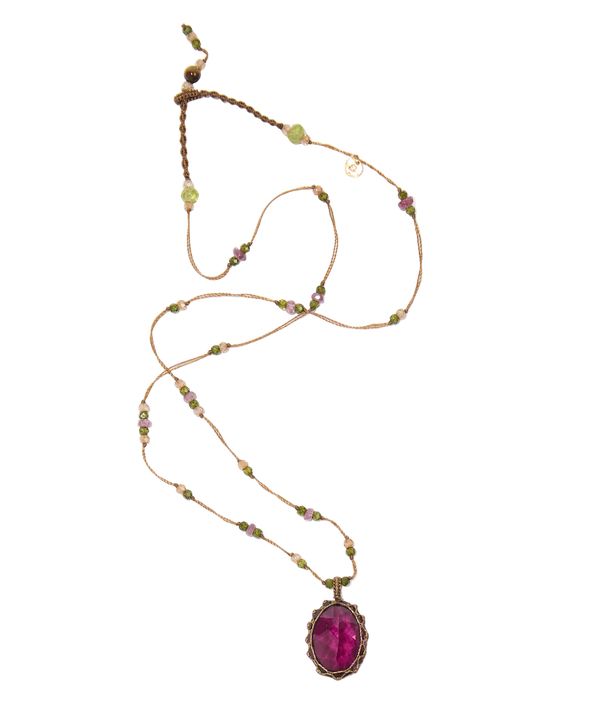 Collier court tibétain - Dublet Rhodolite - Mix Tourmaline rose - Fil Tabac