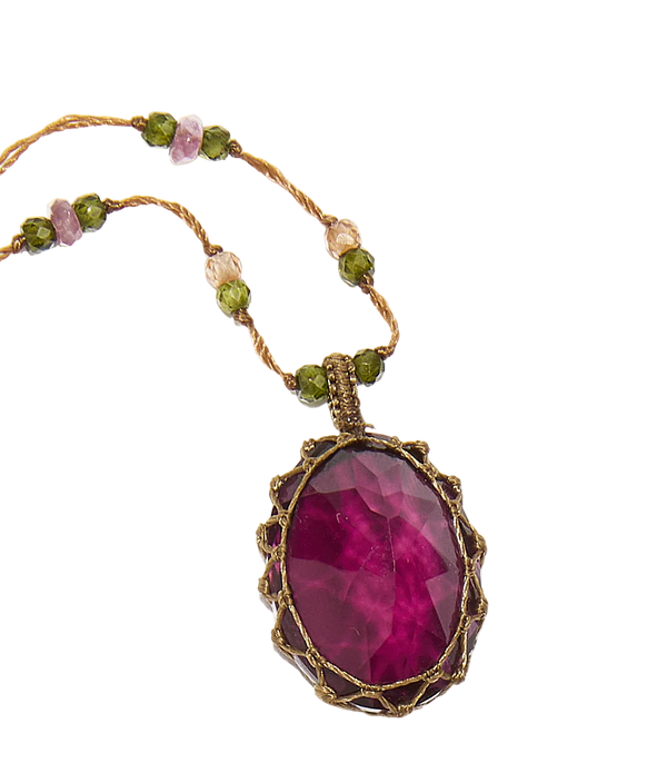Collier court tibétain - Dublet Rhodolite - Mix Tourmaline rose - Fil Tabac