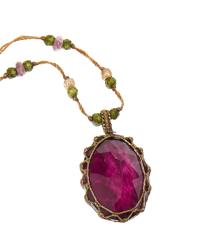 Collier court tibétain - Dublet Rhodolite - Mix Emeraude - Fil Beige