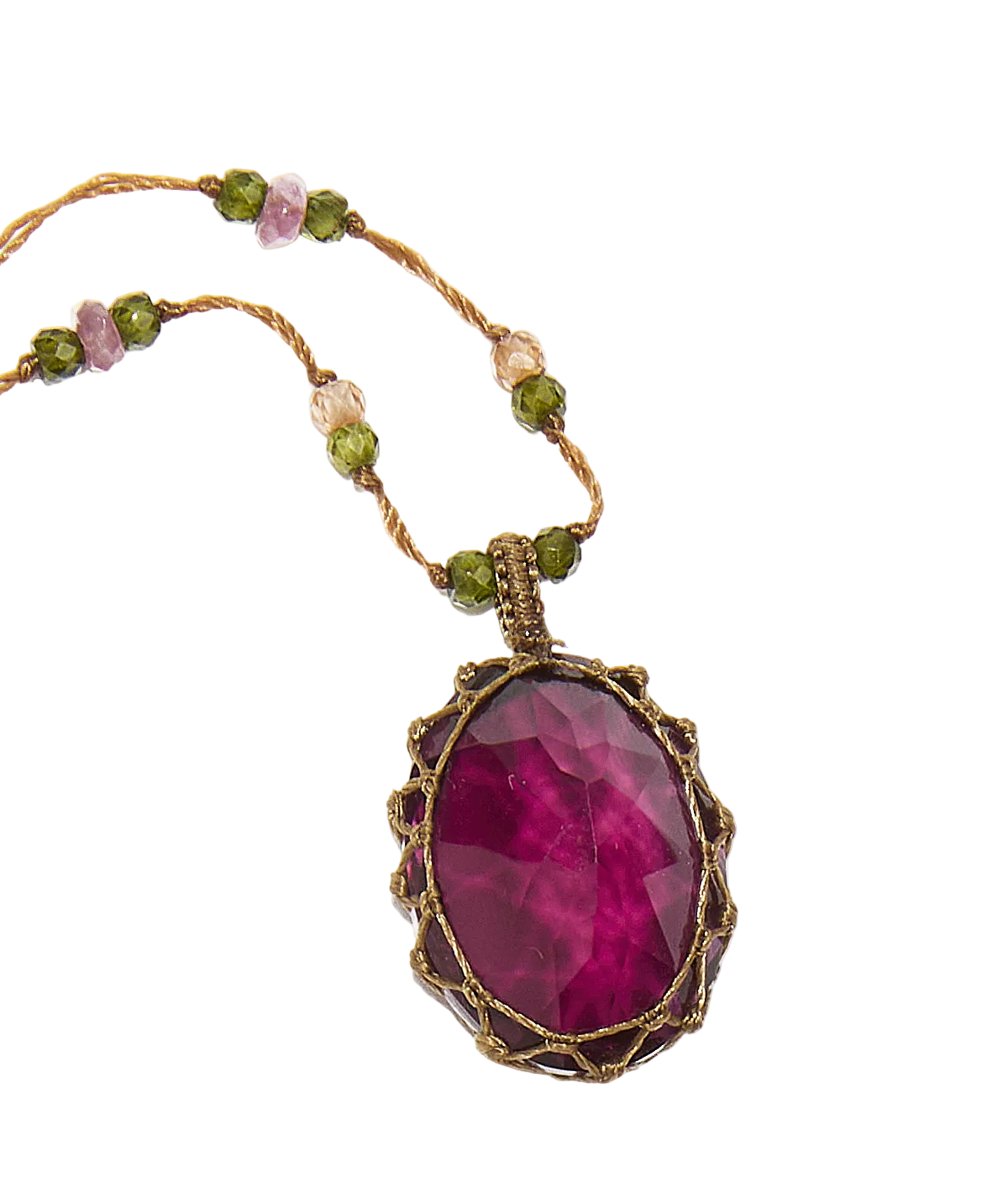 Collier court tibétain - Dublet Rhodolite - Mix Emeraude - Fil Beige