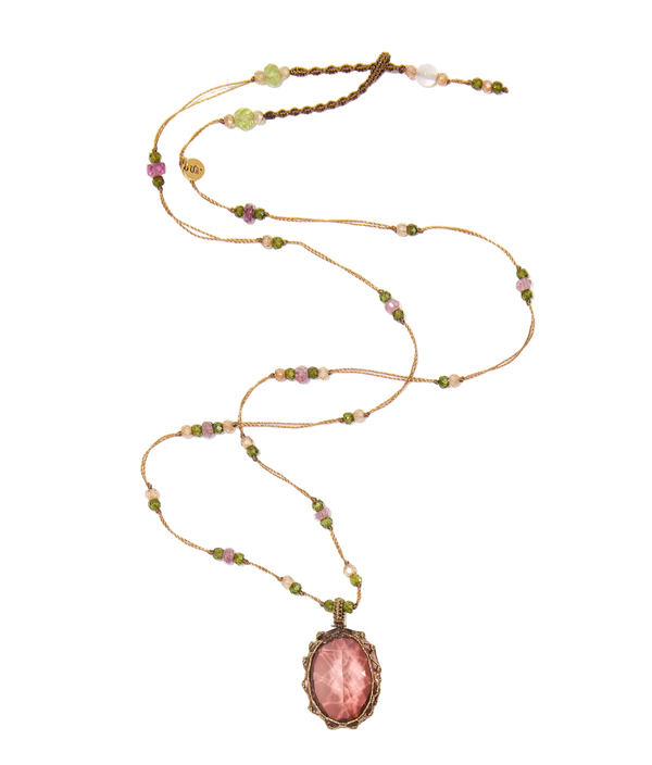 Collier court tibétain - Dublet Champagne - Mix Tourmaline Rose - Fil Tabac
