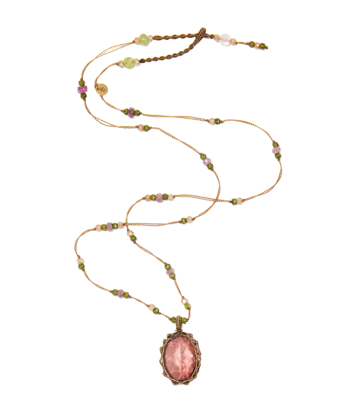 Collier court tibétain - Dublet Champagne - Mix Tourmaline Rose - Fil Tabac