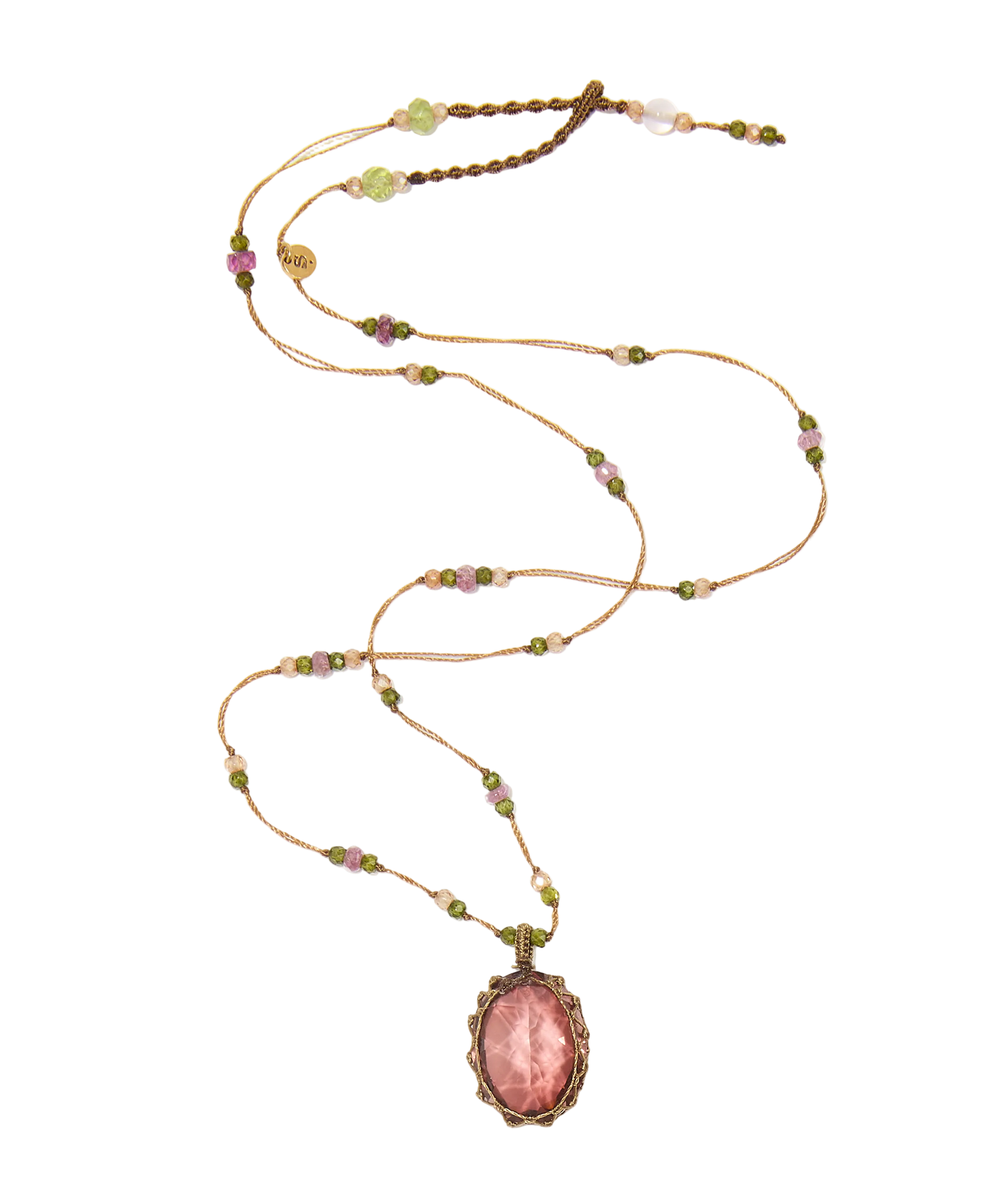Collier court tibétain - Dublet Champagne - Mix Tourmaline Rose - Fil Tabac