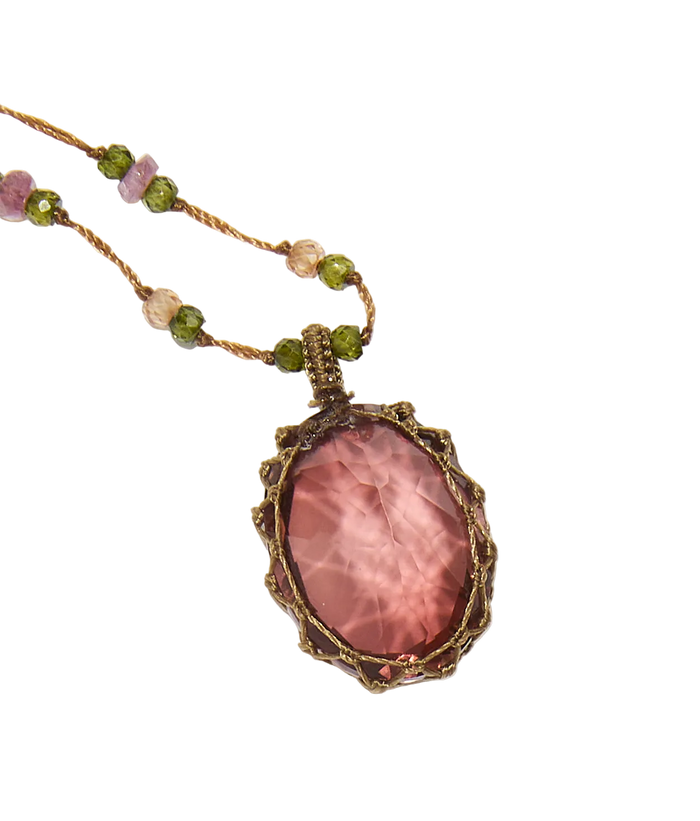 Collier court tibétain - Dublet Champagne - Mix Tourmaline Rose - Fil Tabac
