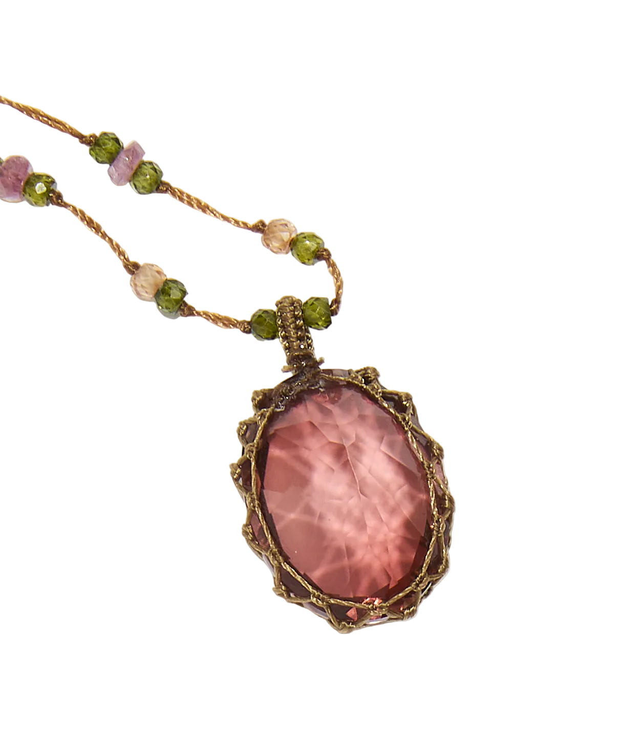 Collier court tibétain - Dublet Champagne - Mix Tourmaline Rose - Fil Tabac