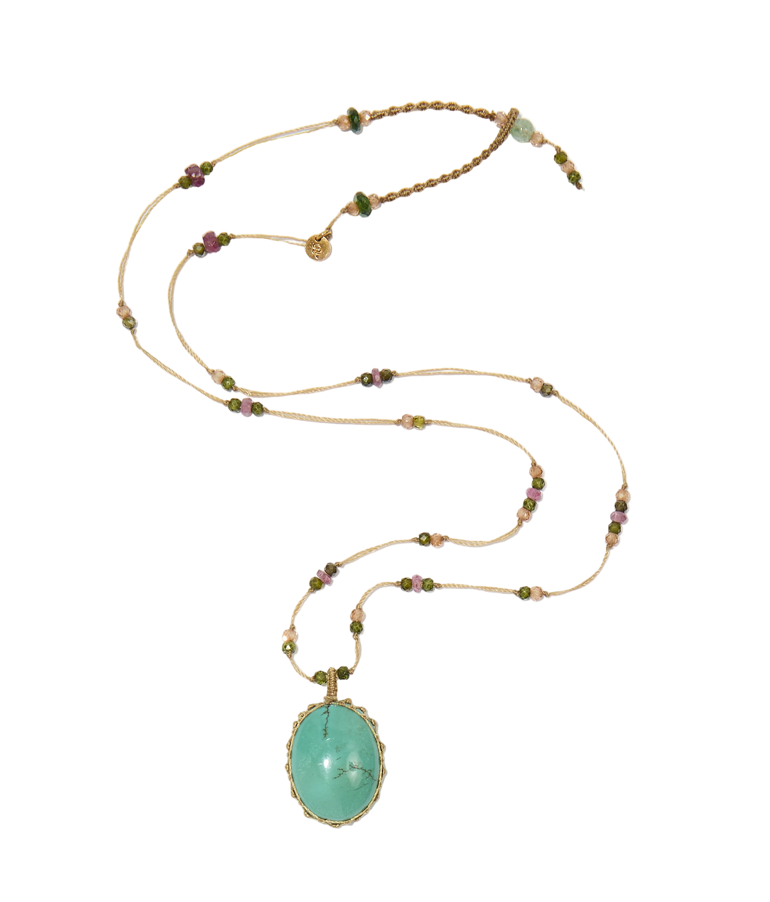 Collier court tibétain - Turquoise - Mix Tourmaline Rose - Fil Beige