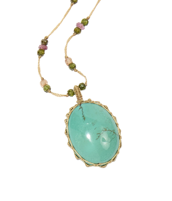 Collier court tibétain - Turquoise - Mix Tourmaline Rose - Fil Beige