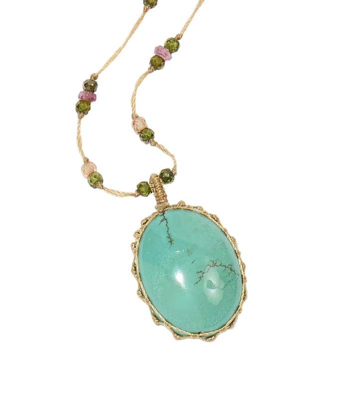 Collier court tibétain - Turquoise - Mix Tourmaline Rose - Fil Beige