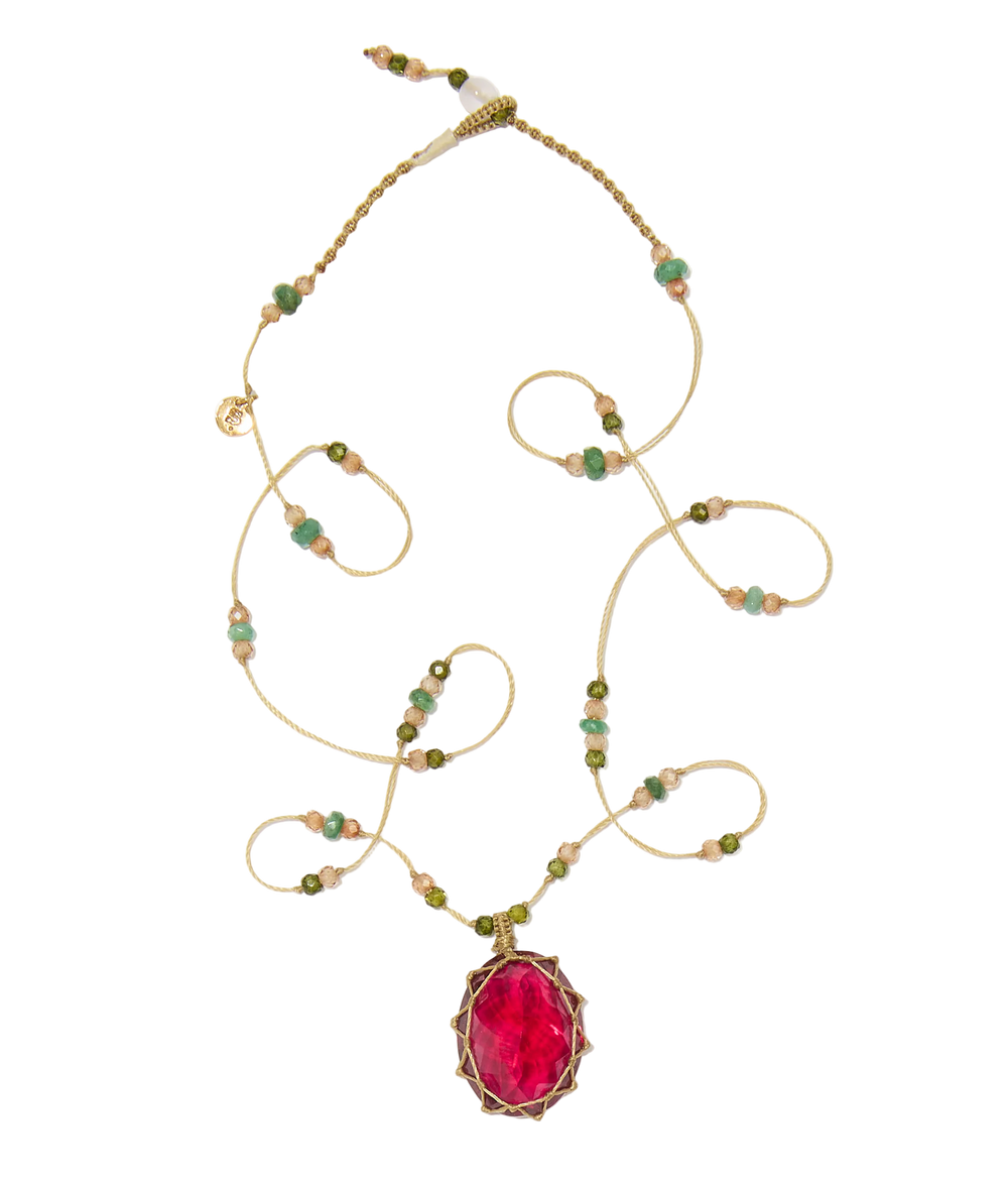 Collier court tibétain - Indian Glass Red - Mix Emeraude - Fil Beige
