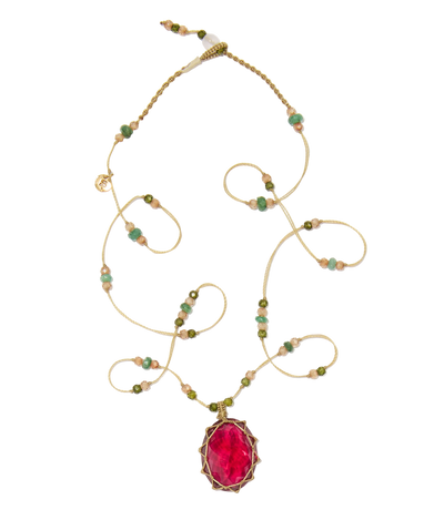 Collier court tibétain - Indian Glass Red - Mix Emeraude - Fil Beige