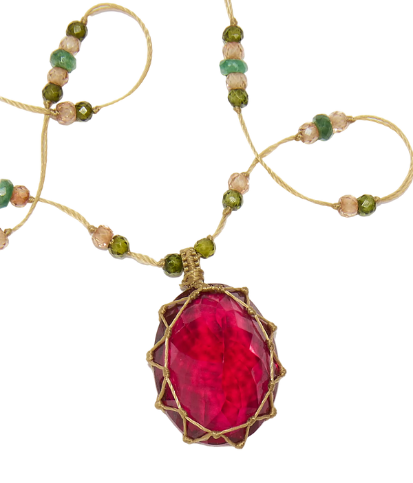 Collier court tibétain - Indian Glass Red - Mix Emeraude - Fil Beige