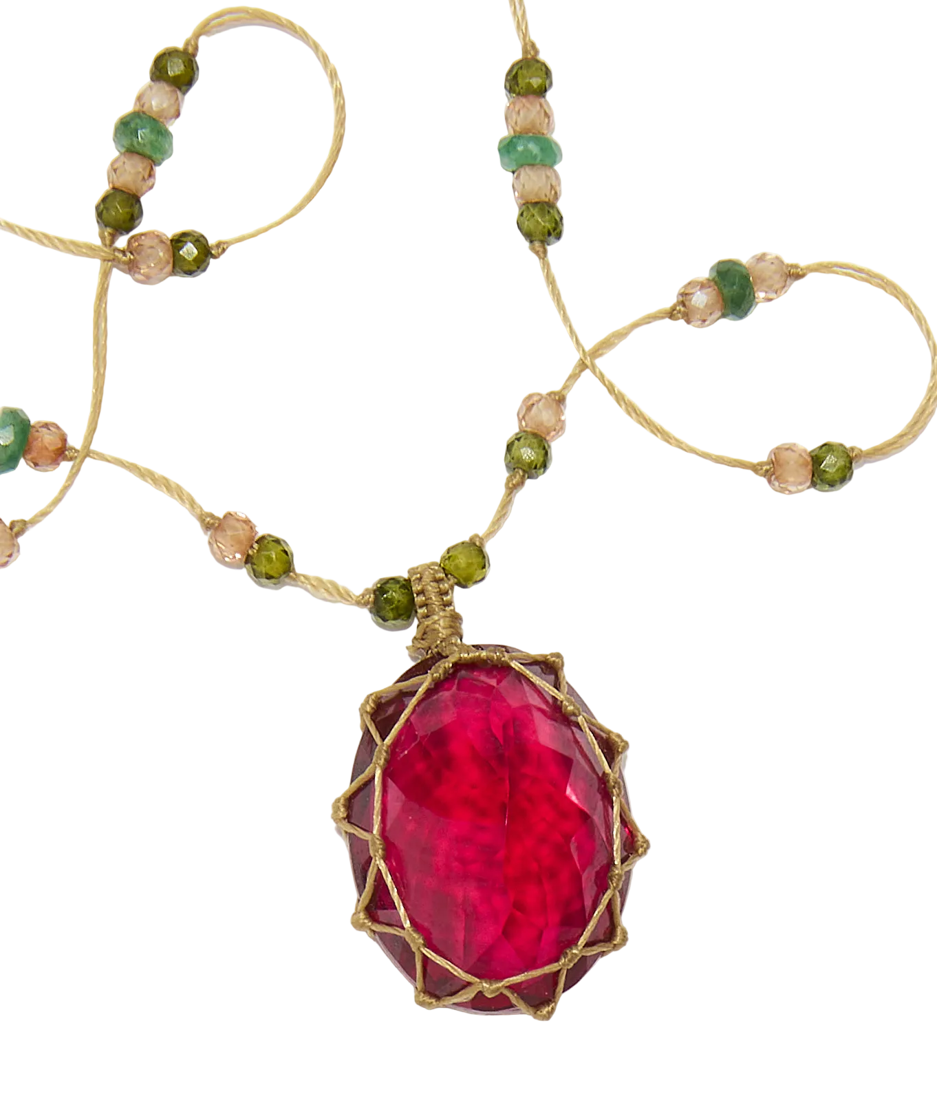 Collier court tibétain - Indian Glass Red - Mix Emeraude - Fil Beige
