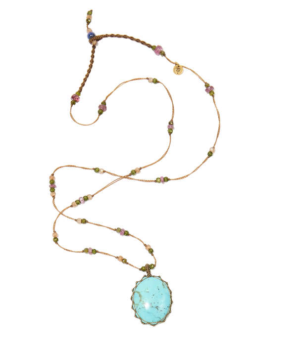 Collier court tibétain - Turquoise - Mix Tourmaline Rose - Fil Tabac