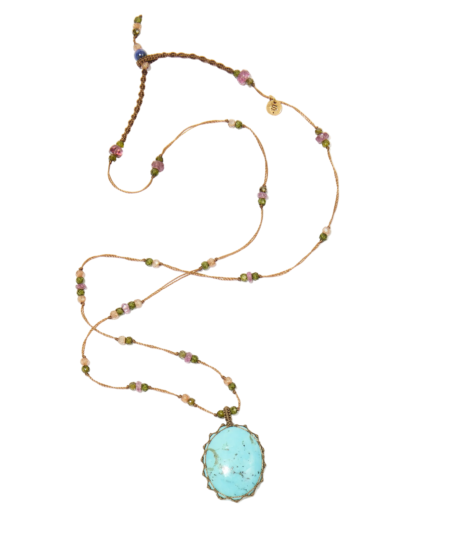Collier court tibétain - Turquoise - Mix Tourmaline Rose - Fil Tabac
