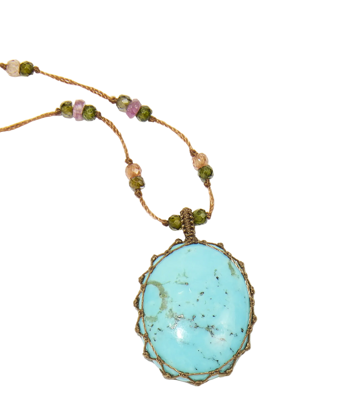Collier court tibétain - Turquoise - Mix Tourmaline Rose - Fil Tabac
