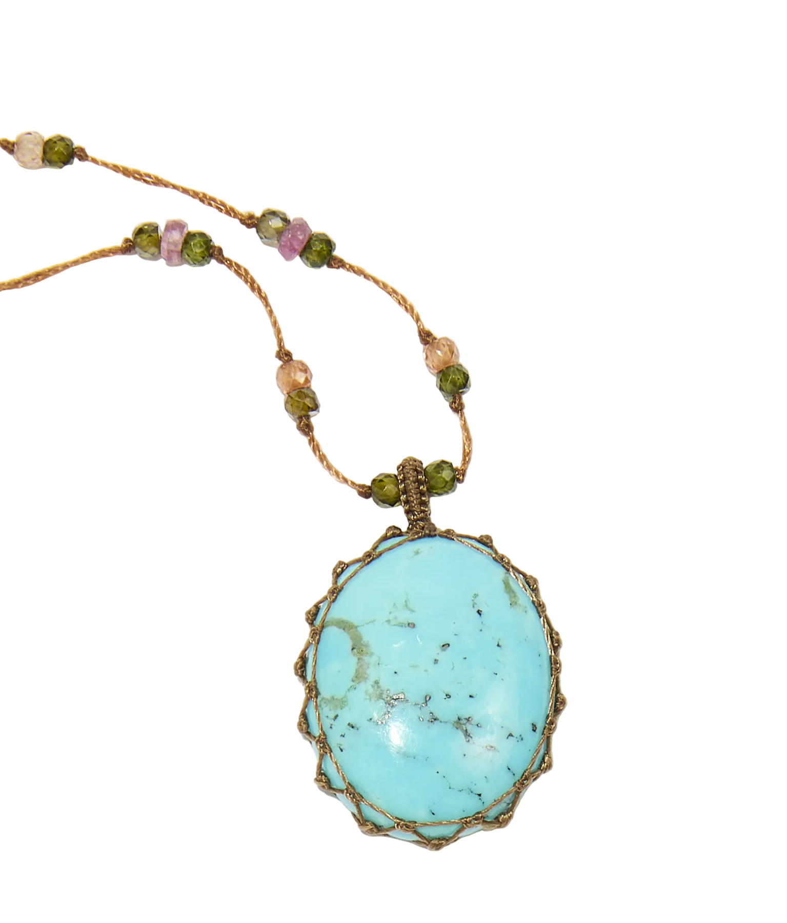 Collier court tibétain - Turquoise - Mix Tourmaline Rose - Fil Tabac