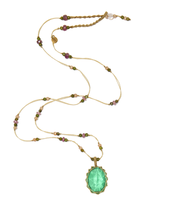 Collier court tibétain - Dublet Peacock - Mix Tourmaline Rose - Fil Beige