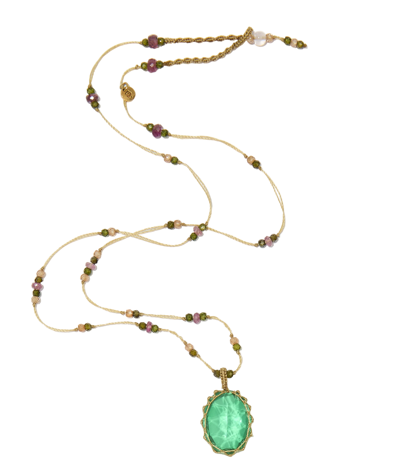 Collier court tibétain - Dublet Peacock - Mix Tourmaline Rose - Fil Beige