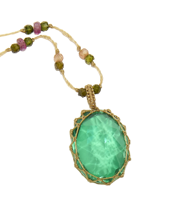 Collier court tibétain - Dublet Peacock - Mix Tourmaline Rose - Fil Beige