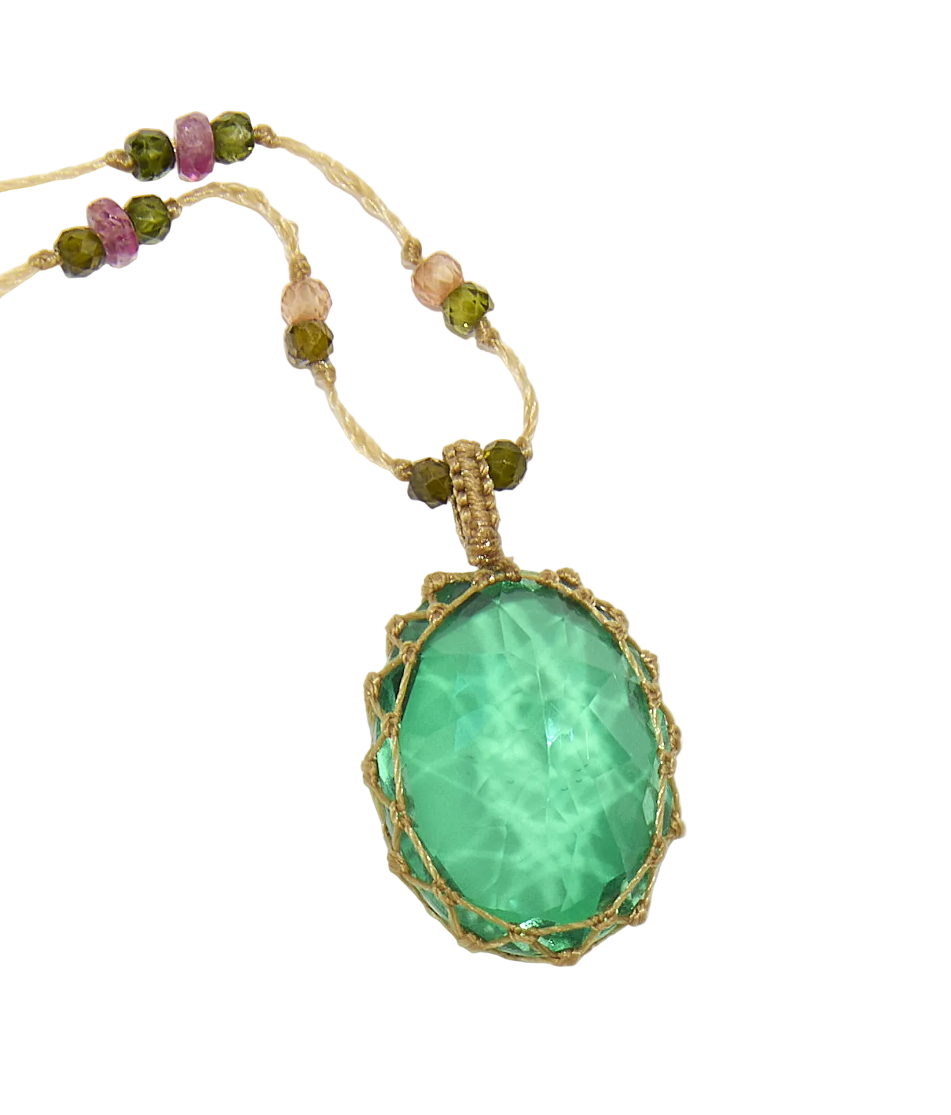 Collier court tibétain - Dublet Peacock - Mix Tourmaline Rose - Fil Beige