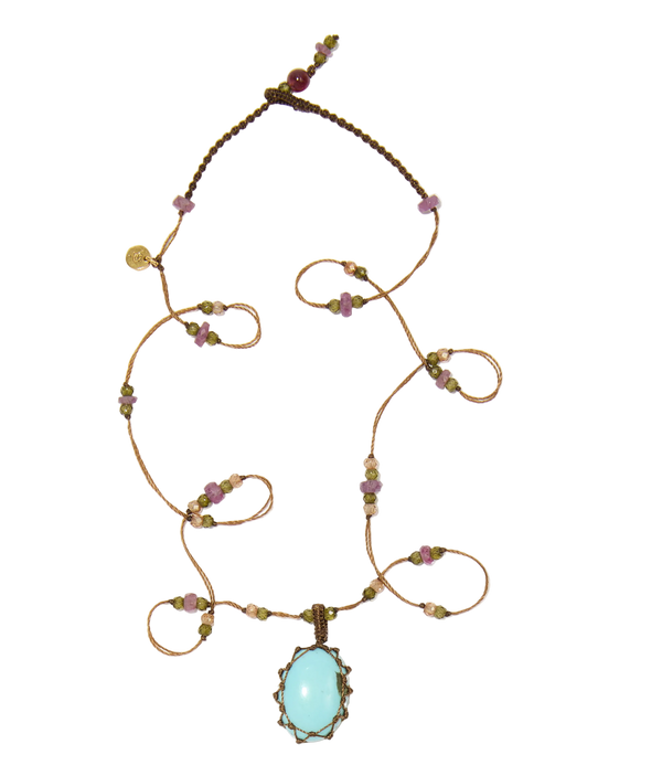 Collier court tibétain - Turquoise - Mix Tourmaline Rose - Fil Tabac