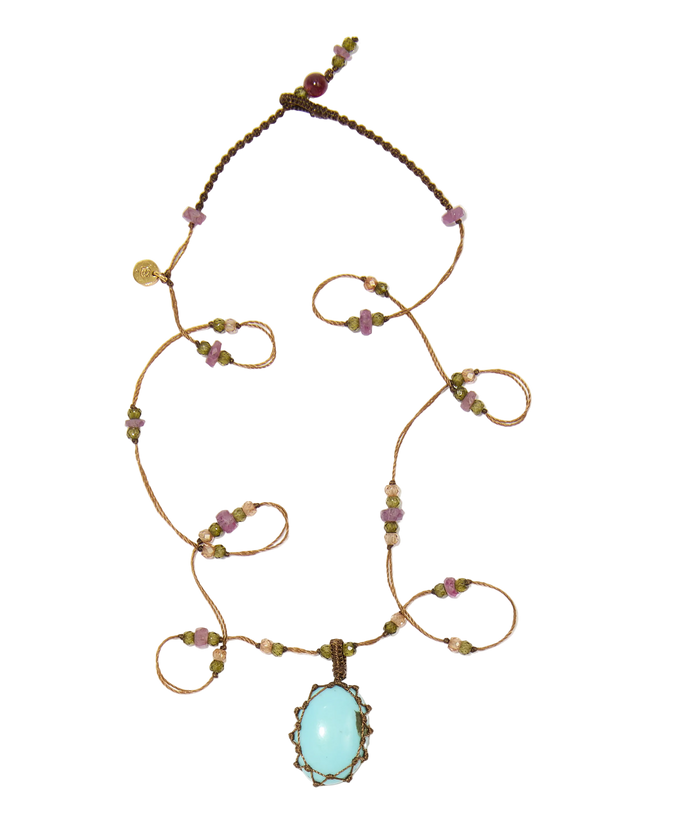 Collier court tibétain - Turquoise - Mix Tourmaline Rose - Fil Tabac