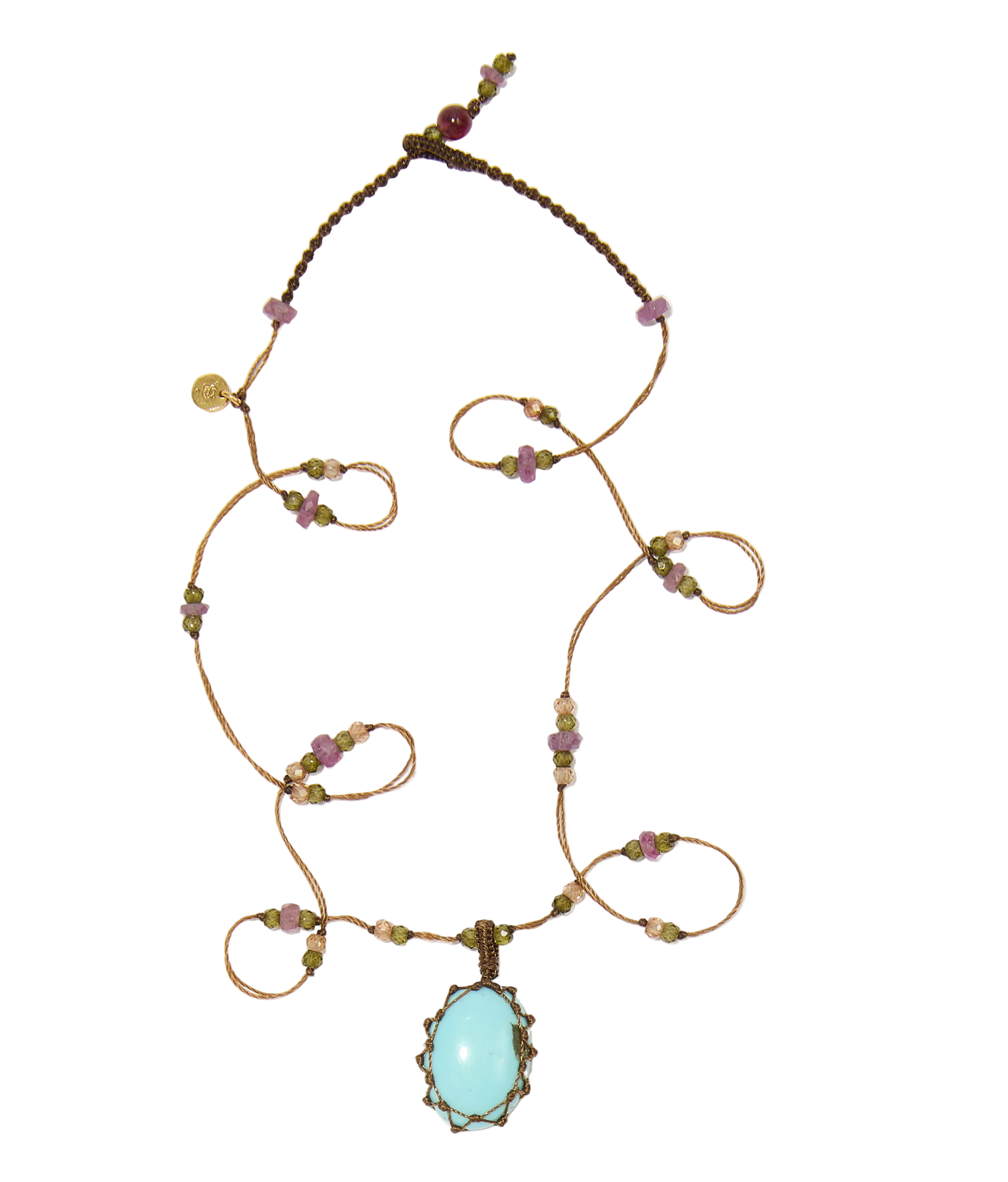 Collier court tibétain - Turquoise - Mix Tourmaline Rose - Fil Tabac